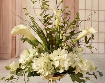 White Silk Hydrangea and Calla Lily Arrangement , Silk Floral Centerpiece