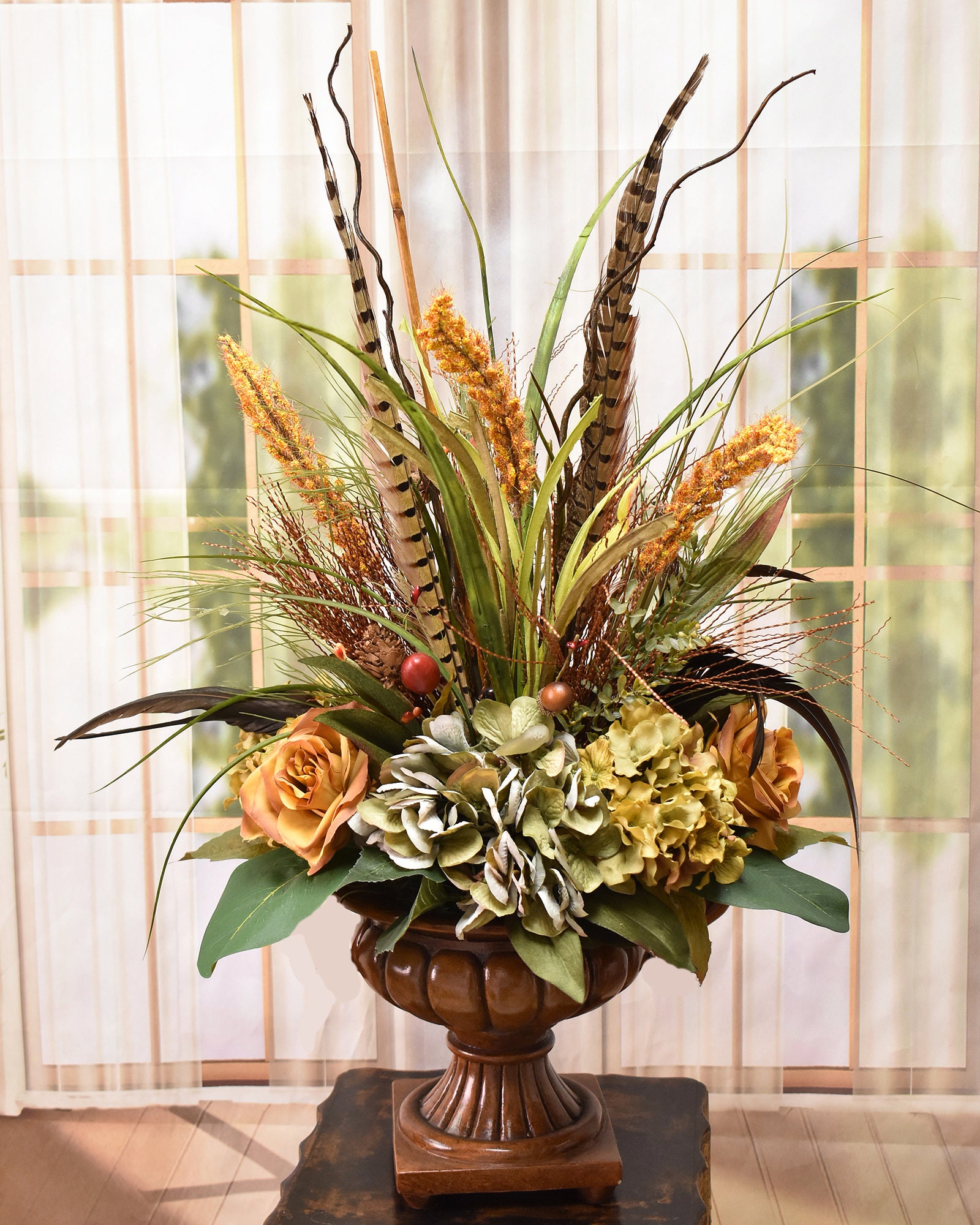 Fall-Inspired Centerpiece with Pheasant Feathers