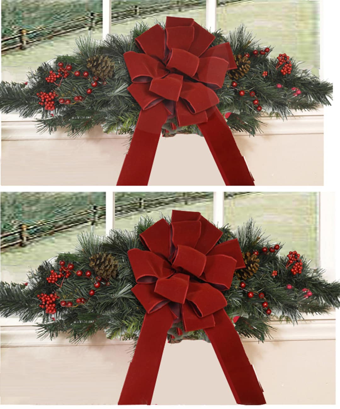 Set of 2 Window Christmas Swags Faux Pine Window Swags Red Velvet Bows