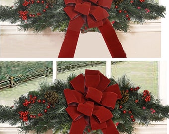 Set of 2 Window Christmas Swags- Faux Pine Window Swags - Red Velvet Bows