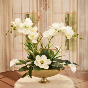 Modern White Orchids in Gold Boat Bowl Faux Silk Floral Design