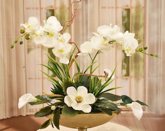 Modern White Orchids in Gold Boat Bowl Faux Silk Floral Design