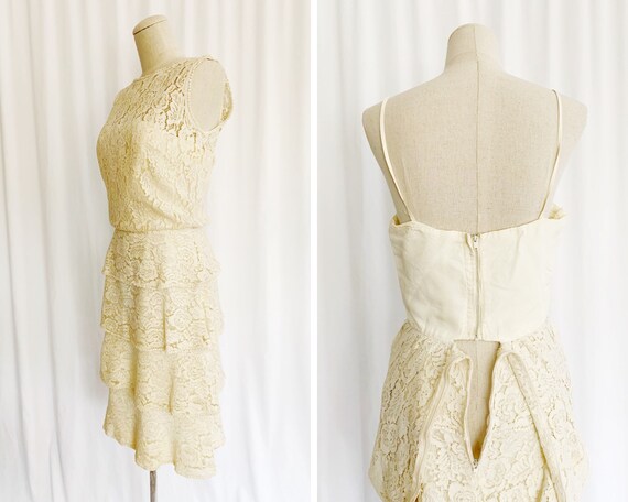 1940s XS Corseted Cream Lace Ruffle Dress