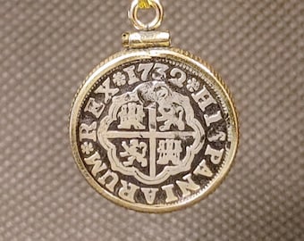 1732 Spanish 1 Real Felipe V, Dark Silver Toned Coin Pendant Necklace, 18k Gold Filled Chain, Certificate of Authenicity + Velvet Gift Box