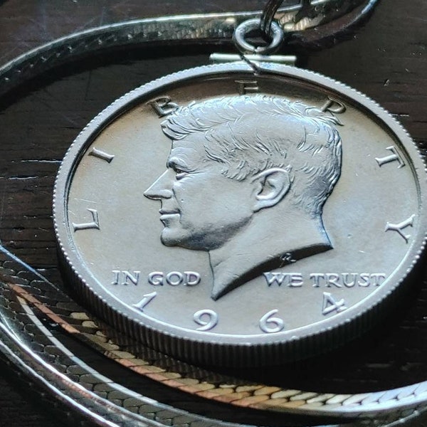 1964 silver Kennedy half dollar coin pendant, Sterling silver herringbone flat chain necklace. JFK Presidential commemorative w Gift Box