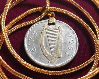 Antique Lucky 1968  Irish Harp Penny Pendant on a  28" 925 Silver Wavy Chain 