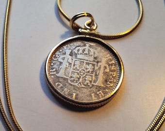 1773 Colonial Spanish Guatemalan .903 Silver Half Reale Coin Pendant set on an 18" Sterling Silver Snake Chain. W COA & Gift Box, 18mm