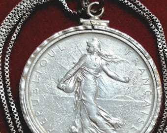 Brilliant 1962 French Flower Girl Maiden Silver 5 Franc Coin Pendant on a 20" Italy Sterling Silver chain  30mm w gift box.