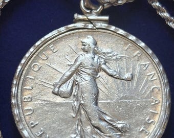 Beautiful 1918 French Flower Girl Maiden Silver Franc Coin Pendant set on a 24" Italian Sterling Silver Rope chain with gift box and COA