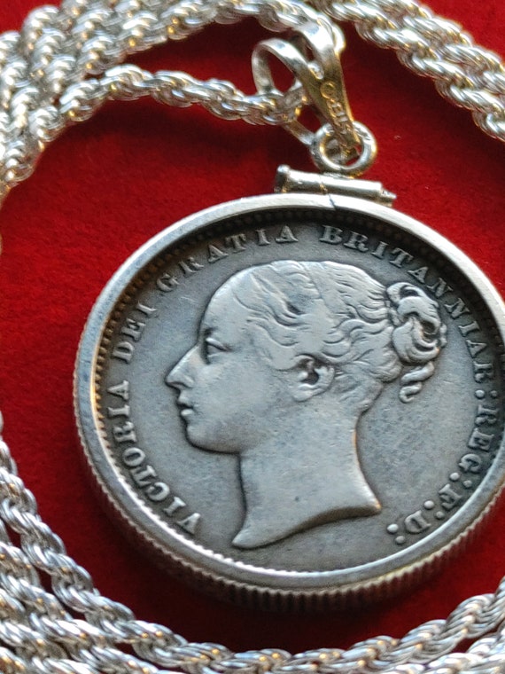 1868 English Sterling Silver Shilling Coin Pendant Queen Victoria