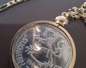 1967 Finland Suomen Tasavalta Lion with Sword silver Masraka Coin pendant & 18kgf Gold filled link chain with gift box included.