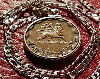 1936 Ethiopia Haile Selassie Lion Of Judah Rasta Sterling Silver Bezel Pendant paired with an Italian Sterling Silver Figaro Chain