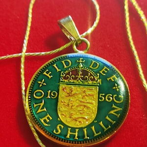 UK 1956 English Birth year Shilling Pendant, gold filled sterling snake  chain and gift box. 25mm Queen Elizabeth II,