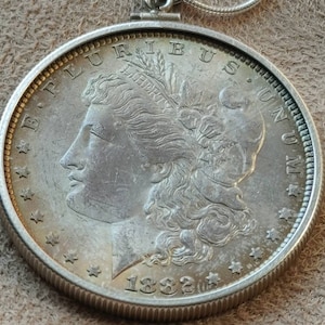 Genuine 1882 Morgan .900 Silver Dollar Pendant edge toned beauty set on an Italian sterling Silver Snake chain. W COA & Gift Box