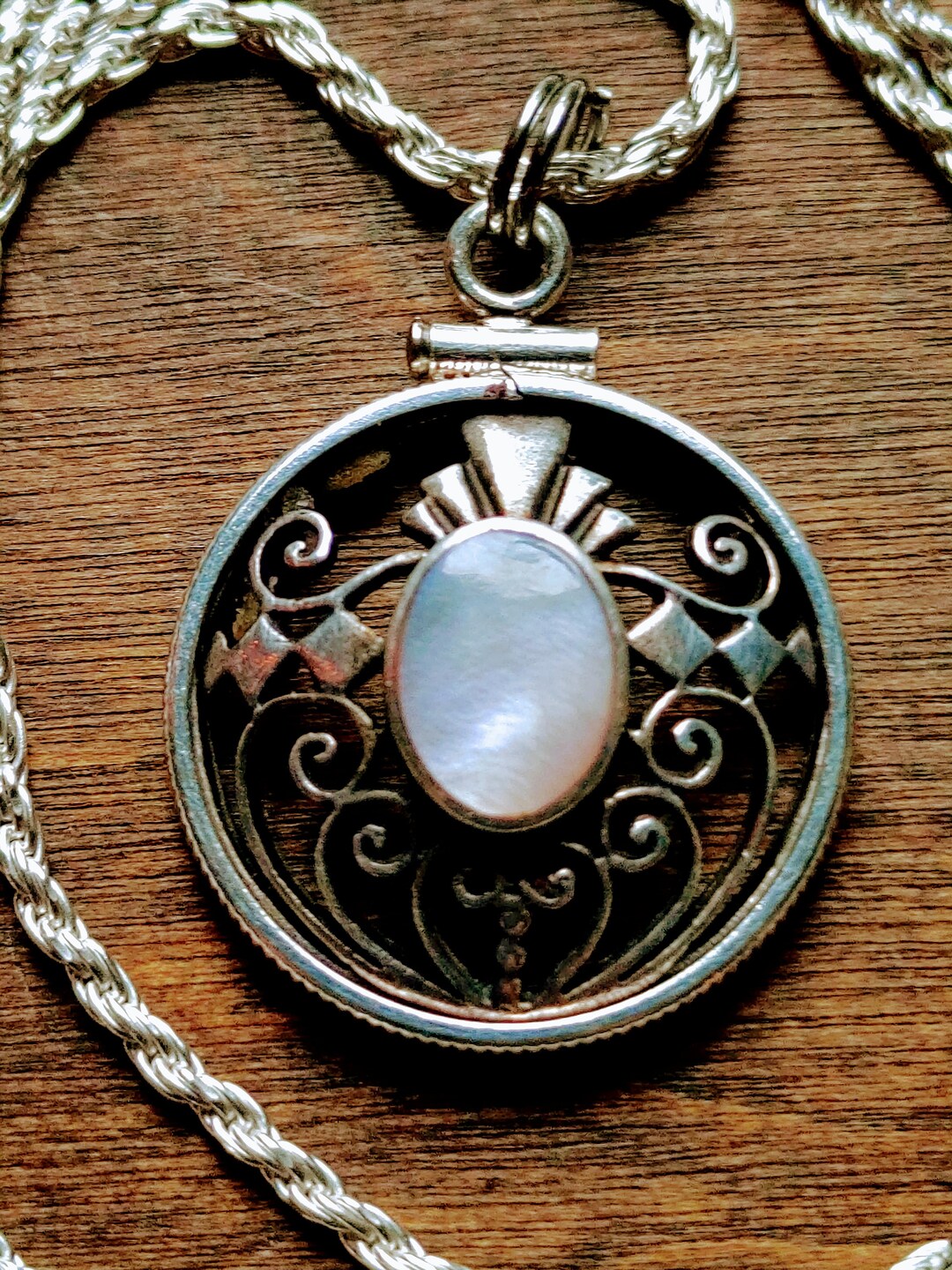 Antique Victorian Mother of Pearl Sterling Silver Bezel Pendant Set on ...