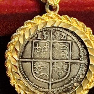 1592 English Silver Queen Elizabeth I Tudor Rose Sterling Sixpence Pendant on a Gold Filled sterling bezel on an 18&quot; snake chain
