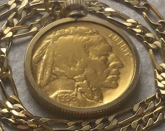 Colgante de níquel búfalo estadounidense con capas de oro americano, cadena de 18", con certificado de autenticidad y caja de regalo.
