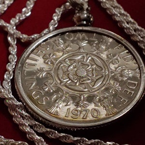 Rare 1970 UK English Florin Coin Pendant Set on a Sterling Silver Italian Rope chain Tudor Rose & Thistle Queen Elizabeth II 28mm Almost Out