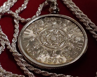 Rare 1970 UK English Florin Coin Pendant Set on a Sterling Silver Italian Rope chain Tudor Rose & Thistle Queen Elizabeth II 28mm Almost Out