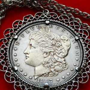 US original 1887 Morgan silver dollar coin pendant set on a 24" Italian Sterling Silver chain w COA & Gift Box