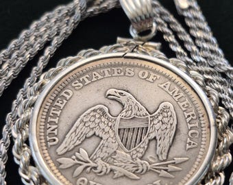 Rare American XF 1857 Seated Liberty .900 Silver Quarter Dollar Coin Silver Rope Pendant w 24 Inch Sterling silver rope chain COA & Box