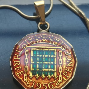1956 English Christmas Port Cullis classic enamel colourized pence Pendant, gold filled sterling chain with gift box. 22mm