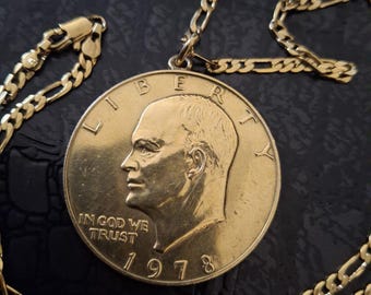 1978 Eisenhower Moon Landing Gold Plated Coin Pendant on Gold-Filled Figaro Chain, Vintage Apollo Commemorative Necklace