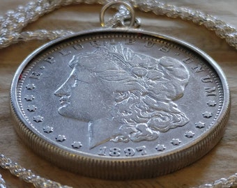 Near Mint Rare 1897 New Orleans Minted Morgan silver dollar pendant on an Italian Sterling Silver Rope chain w COA & Gift Box