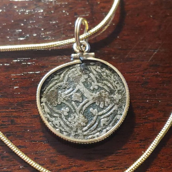 Original 1497-1499 Spanish Antique Silver coin gold filled Pendant of King Phillip the Fair on an 18kgf Gold filled Chain w COA & Box.