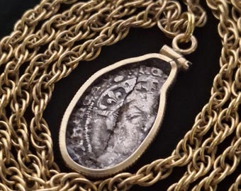 Treasure Hunter found 1527 to 1548 Henry VIII Groat cut coin pendant Sterling silver on a 12K 1/20th Gold filled chain with gift box and COA