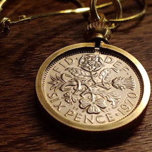 1970 English Sixpence Coin Pendant: Thistle, Shamrock & Rose, Gold Filled Sterling Silver