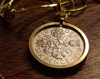 Original 1970 English Thistle Shamrock & Rose Sixpence Coin Pendant set on a 20&quot; 18kgf Gold Filled Italian Sterling Silver Snake Chain. 20mm