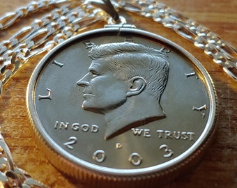 Stunning 2003 JFK Coin Pendant Necklace, John Fitzgerald Kennedy Memorabilia, US Half Dollar on a 20"  Sterling Silver Italian chain