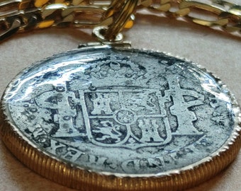 Original 1778 Colonial Spanish Mexico Reale Silver Gold Filled coin bezel pendant on a 24" 18KGF Gold Filled Chain 27MM