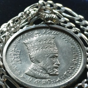1931 Haile Sellasie Lion of Judah Coin Silver Pendant on an Italian Sterling Silver Figaro Chain 26mm diameter with box