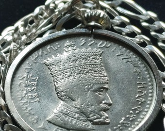 1931 Haile Sellasie Lion of Judah Coin Silver Pendant on an Italian Sterling Silver Figaro Chain 26mm diameter with box