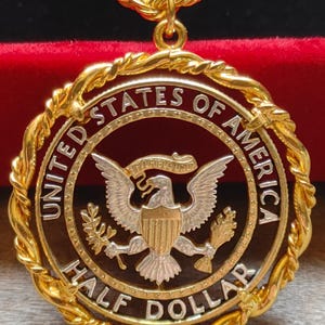 Artisan Eagle Kennedy USA Gilded Half dollar pendant on a 24&quot; Gold Filled Rope Chain. 33mm diameter. With COA & velvet gift box included.