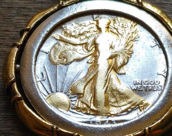Genuine 1943 American Walking Liberty .900 Silver spinner Coin Pendant 22" 18kgf Snake Chain Necklace 31mm US Mint Sealed Coin & Gift Box.