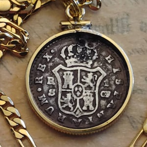 Authentic 1774 Spanish Un Reale Silver Coin Pendant on a 22&quot; 18KGF Gold Filled Chain. w Box & COA