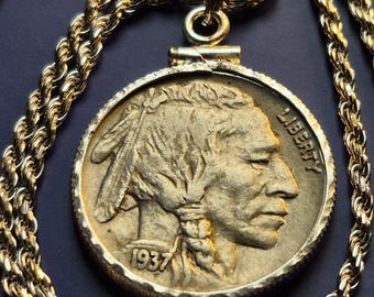 1937 Original Full Horn Buffalo Nickel bezeled Pendant set on an Italian Sterling Silver Chain. US minted coin w COA & Box