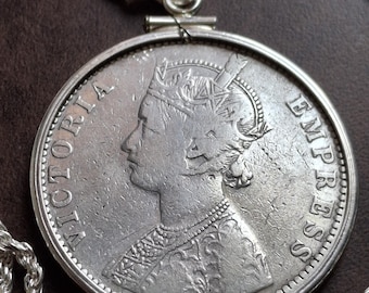1901 Sterling Silver British India Rupee Coin Pendant of Queen Victoria on an Italian Sterling Silver Rope Chain. 31mm w Coa & Gift box