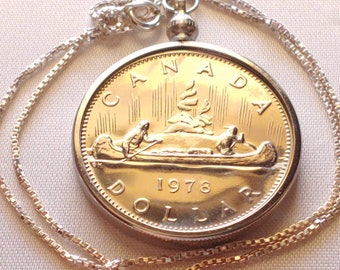 1978 Mint Canada Voyageur Canoe Stunning Gem Dollar 33mm Pendant set on an Italian 16" sterling silver box chain.