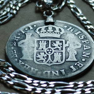 Late 1700s Spanish colonial Peruvian Silver Coin Necklace, Pirate Treasure, Lima Minted, Silver 2 Reale, Silver Figaro Chain,