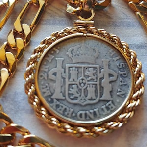 1773 Colonial Spanish Mexico Silver 14KGF Gold Filled Coin Pendant on a Gold filled Figaro chain. COA & Box 31mm