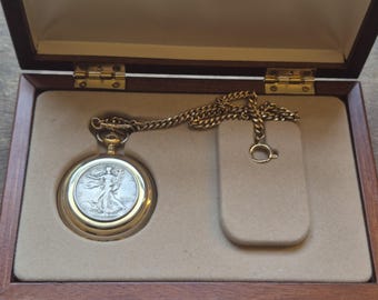 1929 Silver American Walking Liberty Half Dollar, Surgical Stainless Classic Colibri Pocket Watch, new original stock w COA & Box.