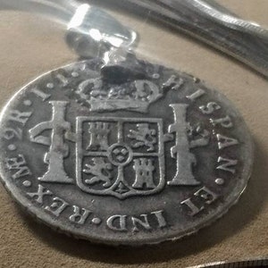 1795 Spanish Colonial treasure, Lima Minted, Silver 2 Reales Coin Pendant, King Carolus IV, Italian Silver Snake Chain