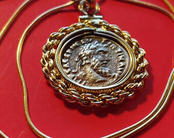 Ancient Roman Silver Emperor Septimus Severus Denarius Pendant set on an Italian 18kgf Gold Filled Round Chain. 24mm w COA & Gift Box.