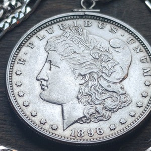 Rare About uncirculated mint 1896 Morgan .900 Silver Dollar Pendant on an Italian Sterling Silver Chain. 39mm w COA & Box.