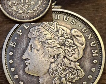Handsome American Morgan 1921 Denver minted Silver Dollar Pendant on a sturdy brown thick leather cord necklace 18" with Gift box & Coa