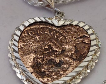 Sterling heart Byzantine Coin bezel Pendant set on a Sterling Silver Italian Rope Chain w COA & classic Velvet Box.